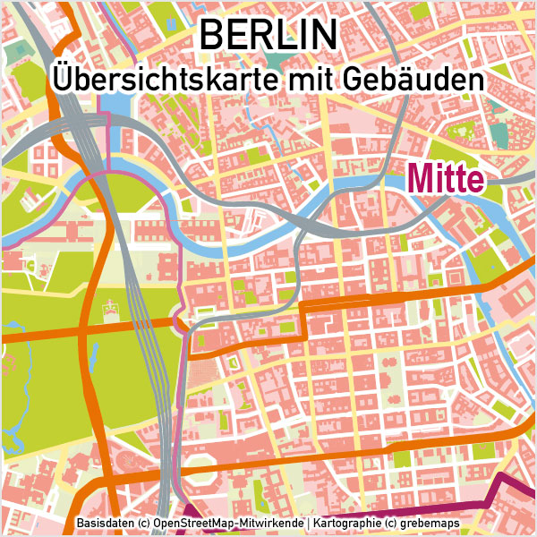 Berlin Übersichtskarte Vektor mit Gebäuden Stadtteilen Topographie