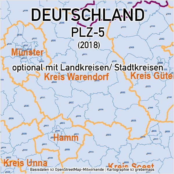 Deutschland Postleitzahlen PLZ-5 Vektorkarte 5-stellig, Karte PLZ 5-stellig Deutschland, Karte PLZ Deutschland mit Landkreisen