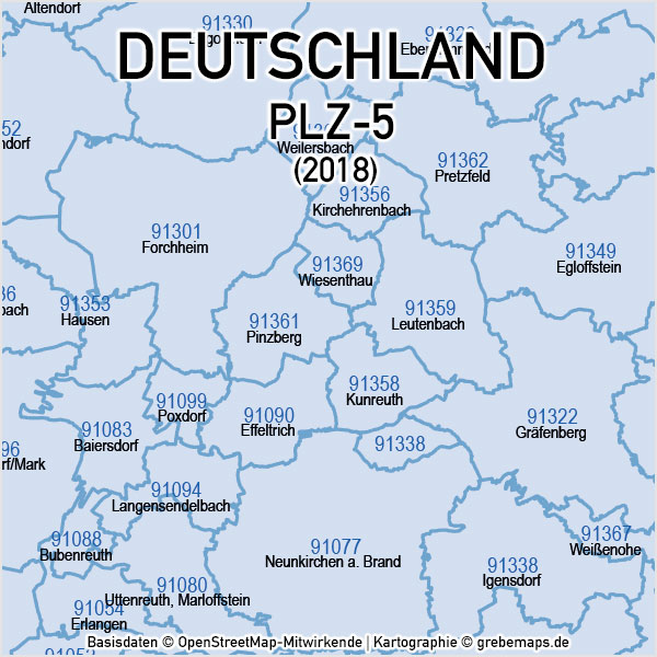 Deutschland Postleitzahlen PLZ-5 Vektorkarte 5-stellig, Karte PLZ 5-stellig Deutschland, Karte PLZ Deutschland mit Landkreisen, PLZ-Karte mit PLZ 5-stellig und Ortsnamen