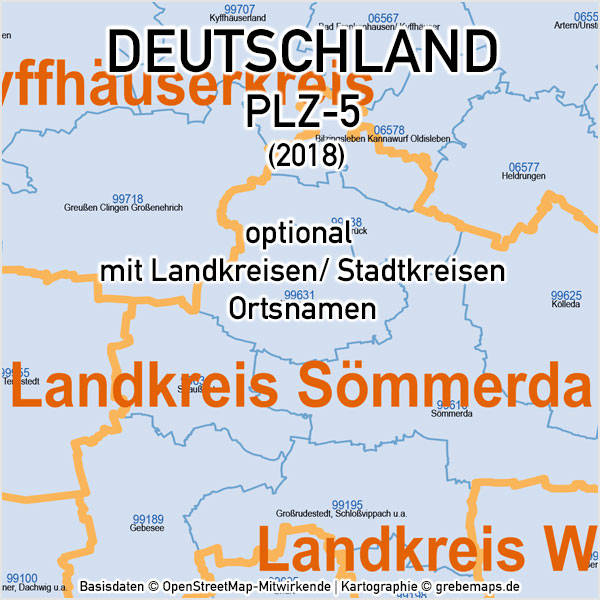 Deutschland Postleitzahlen PLZ-5 Vektorkarte 5-stellig, Karte PLZ 5-stellig Deutschland, Karte PLZ Deutschland mit Landkreisen, PLZ-Karte mit PLZ 5-stellig und Ortsnamen