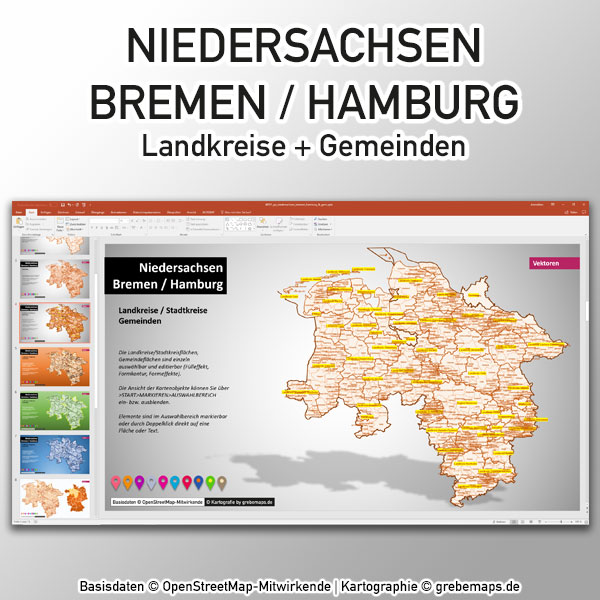 Niedersachsen Bremen Hamburg PowerPoint-Karte Landkreise Gemeinden