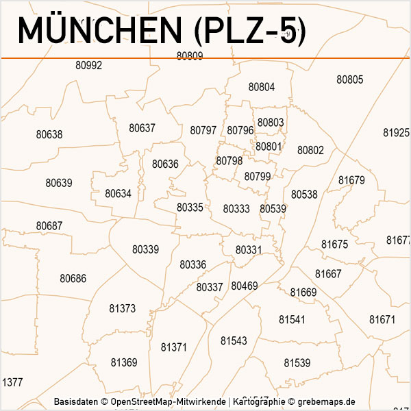 München Postleitzahlen-Karte PLZ-5 Vektor, Karte PLZ München 5-stellig, PLZ-Karte München, Vektorkarte München PLZ