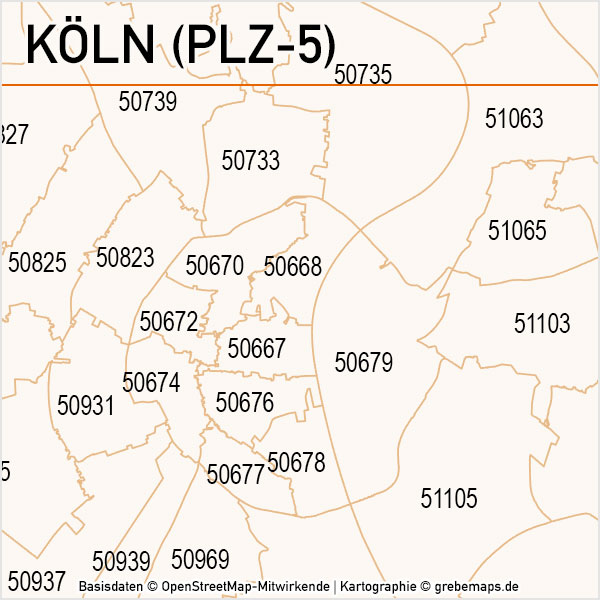 Köln Postleitzahlen-Karte PLZ-5 Vektor, Karte PLZ Köln 5-stellig, PLZ-Karte Köln, Vektorkarte Köln PLZ