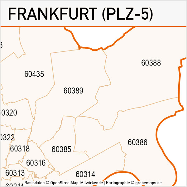 Frankfurt Postleitzahlen-Karte PLZ-5 Vektor, PLZ-Karte Frankfurt, Karte PLZ Frankfurt, Vektorkarte PLZ Frankfurt