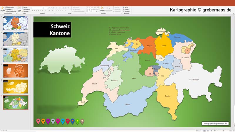 Karte Schweiz für PowerPoint mit Kantonen, Karte Kantone Schweiz