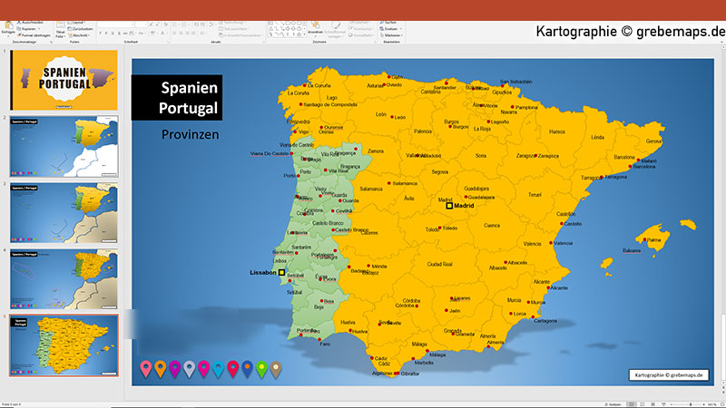 Spanien Portugal PowerPoint-Karte mit Provinzen, Vektorkarte Spanien Portugal mit Provinzen für PowerPoint, Karte Spanien Portugal mit Provinzen, Kanaren, Balearen, Azoren