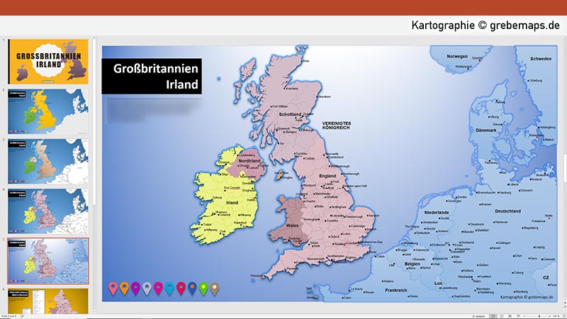 Großbritannien Irland PowerPoint-Karte mit Provinzen, Karte Irland, Karte England, Karte Wales, Karte Schottland, Karte Nordirland, Karte mit Provinzen, Vektorkarte