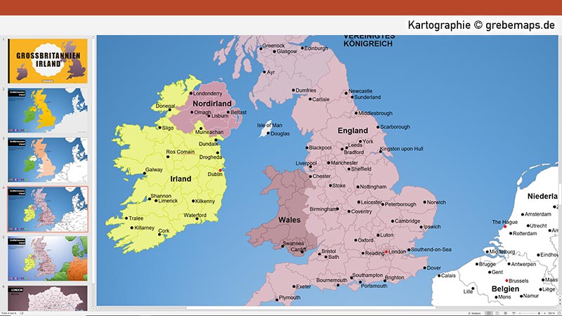 Großbritannien Irland PowerPoint-Karte mit Provinzen, Karte Irland, Karte England, Karte Wales, Karte Schottland, Karte Nordirland, Karte mit Provinzen, Vektorkarte