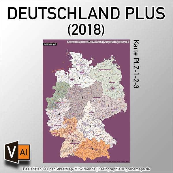 Deutschland Postleitzahlenkarte PLZ 1-2-3 Vektorkarte (2018)