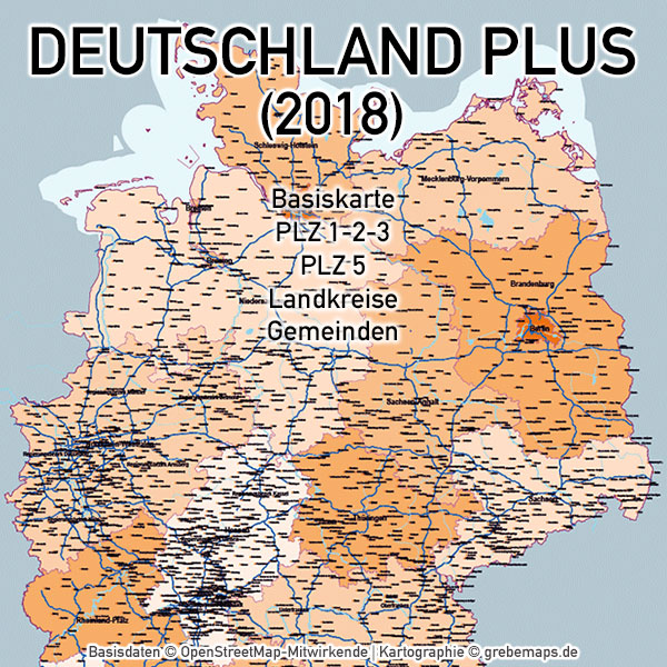 Deutschland - PLZ Landkreise Gemeinden Vektorkarte (2018), Karte Deutschland Postleitzahlen, Karte Deutschland Landkreise, Karte Deutschland Gemeinden, Karte Deutschland Basis