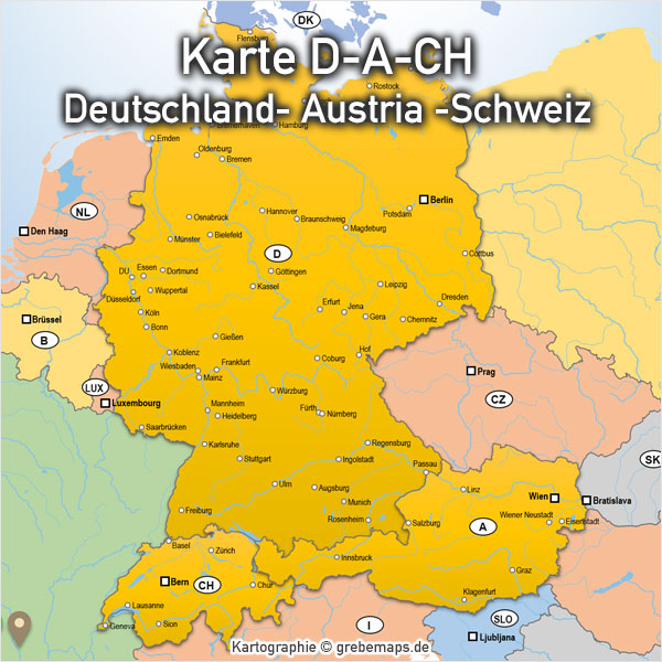 D-A-CH PowerPoint-Karte Deutschland Austria Schweiz, Karte D-A-CH für PowerPoint mit Bundesländern und Kantonen, Karte D-A-CH mit angrenzenden Ländern (Polen, Niederlande, Belgien, Luxemburg, Tschechien, Ungarn, Frankreich)