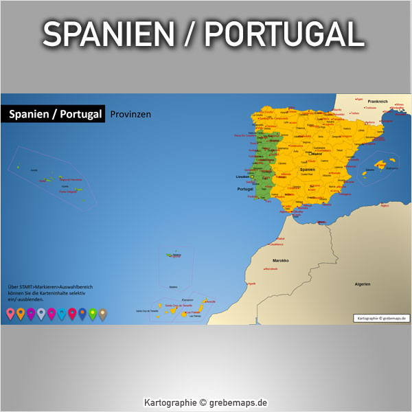 Spanien Portugal PowerPoint-Karte mit Provinzen, Karte Spanien Portugal mit Provinzen für PowerPoint, Vektorkarten, mit Kanaren, Balearen, Azoren