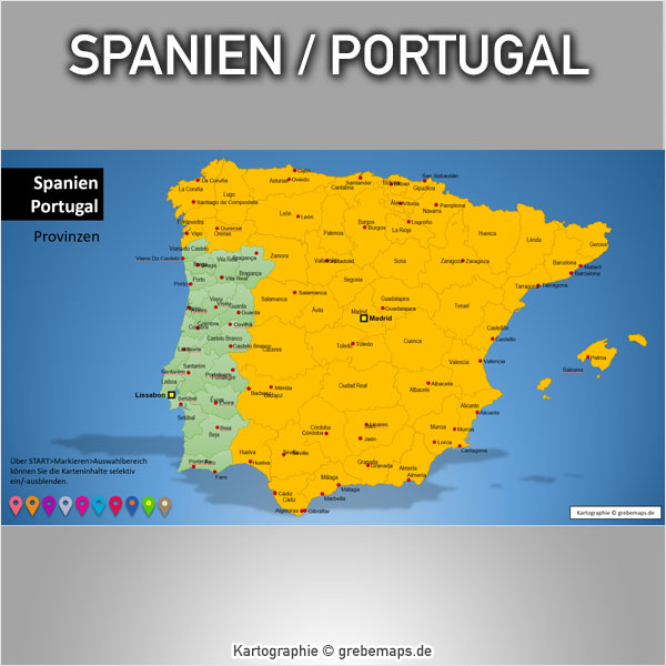 Spanien Portugal PowerPoint-Karte mit Provinzen, Karte Spanien Portugal mit Provinzen für PowerPoint, Vektorkarten, mit Kanaren, Balearen, Azoren