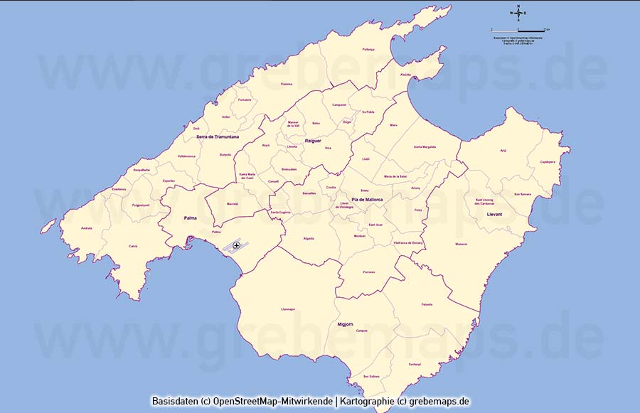 Mallorca Vektorkarte Gemeinden Landschaftszonen