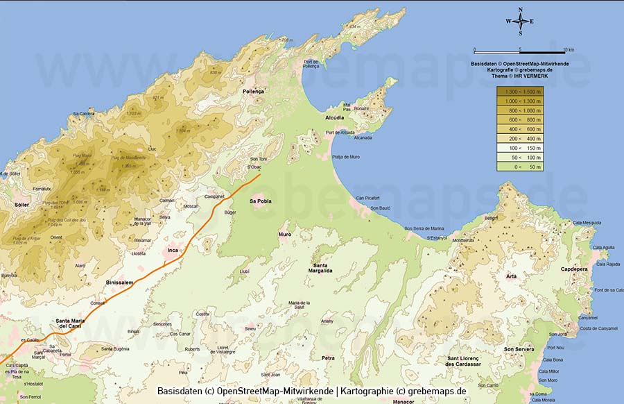 Mallorca Vektorkarte Höhenschichten Höhenlinien, Karte Mallorca Höhenschichten, Karte Mallorca physisch, Karte Vektor Mallora, Vektorkarte Mallorca physisch