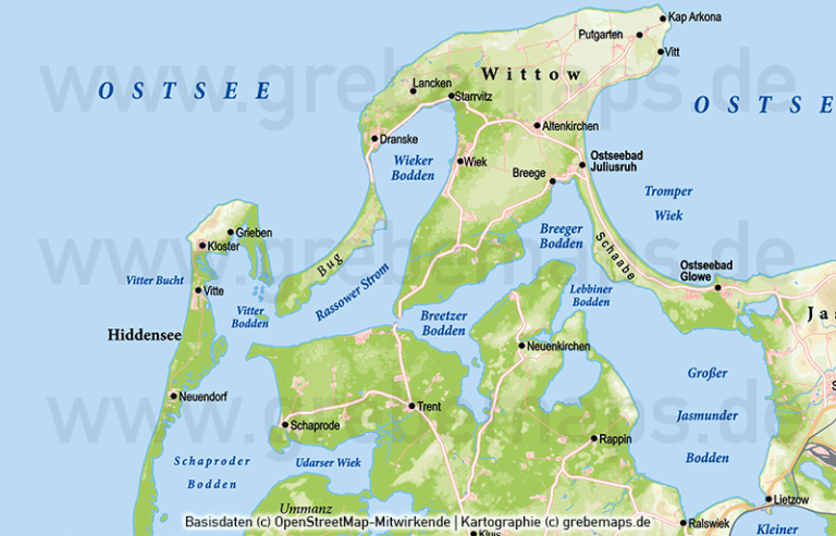 Rügen Vektorkarte Höhenschichten Übersichtskarte Basiskarte - grebemaps ...
