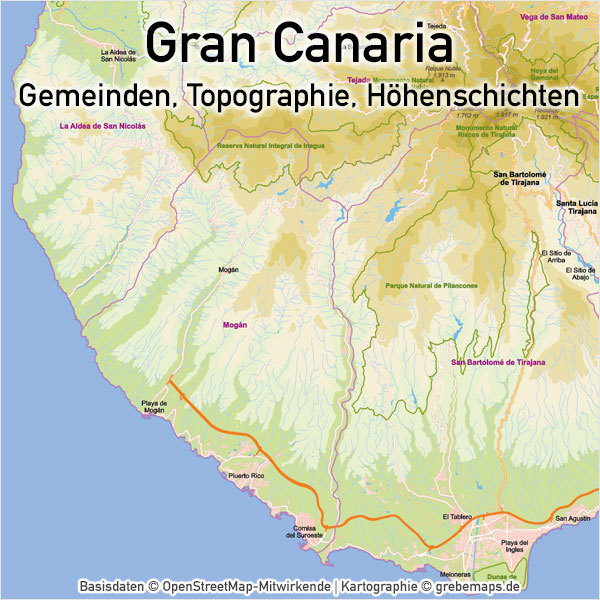 Gran Canaria Vektorkarte Topographie Gemeinden Höhenschichten, Vektorkarte Gran Canaria, Karte Vektor Gran Canaria, Karte Gran Canaria, AI, download, editierbar, skalierbar, Basiskarte Gran Canaria, Übersichtskarte Gran Canaria, Inselkarte Gran Canaria