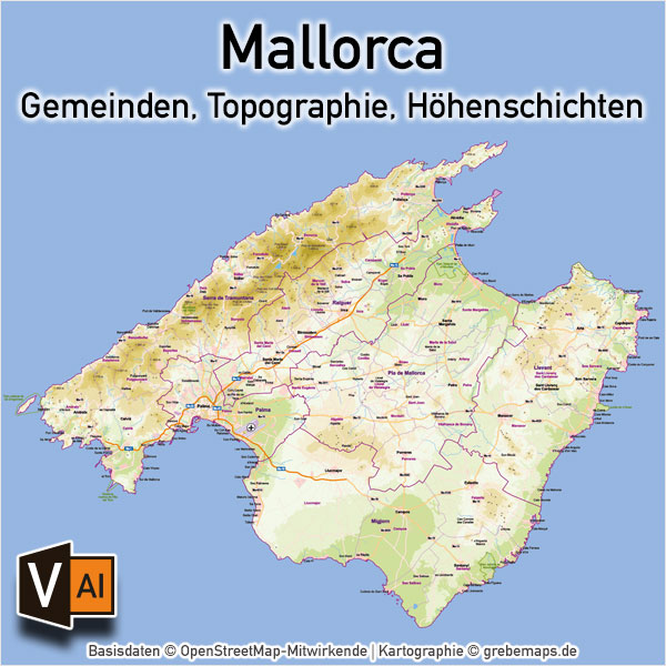 Mallorca Vektorkarte Topographie Gemeinden Höhenschichten