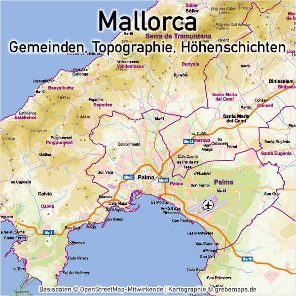 Mallorca Vektorkarte Topographie Gemeinden Höhenschichten, Karte Mallorca Vektor, Inselkarte Mallorca, Übersichtskarte Mallorca, Basiskarte Mallorca, Vector Karte Mallorca, AI, download, editierbar, skalierbar, anpassbar, bearbeitbar
