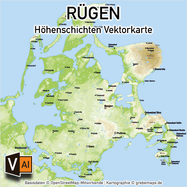 Rügen Vektorkarte Höhenschichten mit Gemeindegrenzen