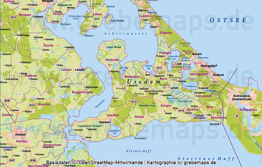 Usedom Vektorkarte Topographie mit Gemeindegrenzen - grebemaps Kartographie