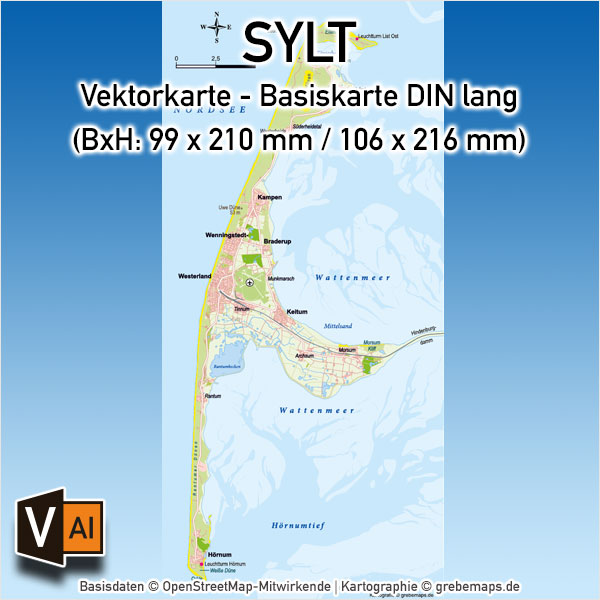 Sylt Vektorkarte Basiskarte (DIN lang), Karte Sylt, Karte Insel Sylt, Karte Sylt für Flyer, Inselkarte Sylt, Vektorkarte Sylt, Karte Sylt für Print, Vektorgrafik Sylt, Karte Vektor Sylt Print