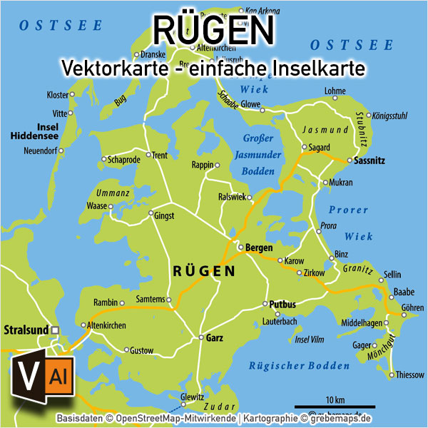 Rügen Vektorkarte einfache Inselkarte (9×9 cm)