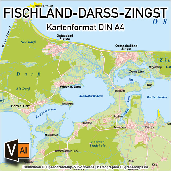 Fischland-Darß-Zingst Vektorkarte Basiskarte, Karte Fischland-Darß-Zinst, Darss, Zingst, Fischland Übersichtskarte Vektor Karte