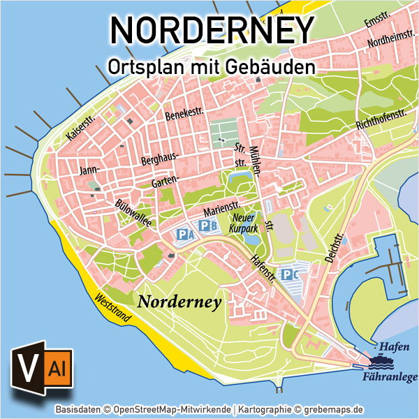 Norderney Ortsplan mit Gebäuden Vektorkarte, Ortsplan Norderney mit Gebäuden, Karte Norderney, Stadtplan Norderney