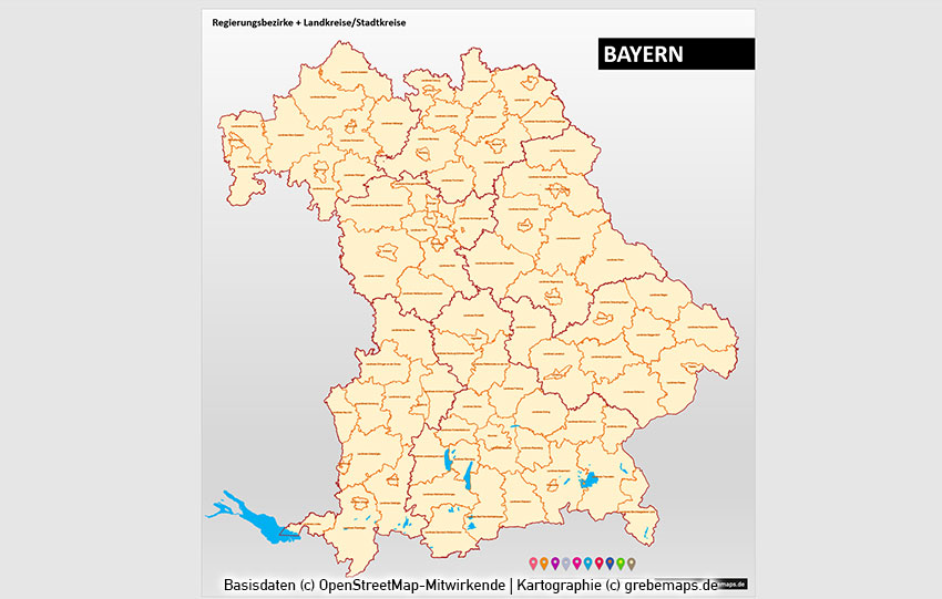 Bayern PowerPoint-Karte Landkreise Gemeinden, Karte Gemeinden Bayern PowerPoint, Karte Landkreise Bayern PowerPoint