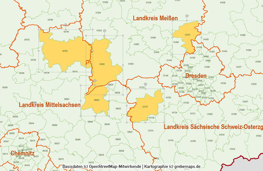 Sachsen PowerPoint-Karte Postleitzahlen PLZ-5 (5-stellig) Landkreise / Stadtkreise, Karte Sachsen Landkreise, Karte Sachsen Postleitzahlen