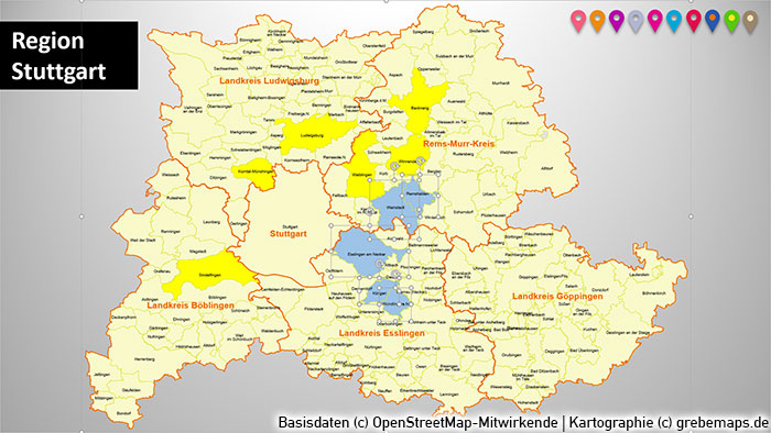 Region Stuttgart Gemeinden Landkreise PowerPoint-Karte, Karte Region Stuttgart Gemeinden