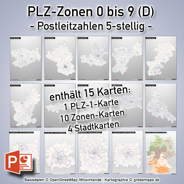 PowerPoint-Karte Deutschland PLZ-Zone 0 bis 9 Postleitzahlen 5-stellig (Bundle mit 15 Karten)