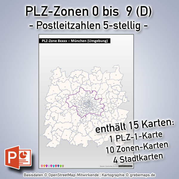 Deutschland PowerPoint-Karte PLZ-Zone 0 bis 9 Postleitzahlen 5-stellig (Bundle mit 15 Karten), Karte Postleitzahlen Deutschland nach PLZ-Zonen mit den jeweiligen 5-stelligen PLZ-Bereichen, Karte PLZ Deutschland für PowerPoint
