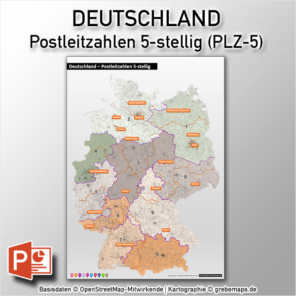 PowerPoint-Karte Deutschland Postleitzahlen PLZ-5 (5-stellig) DIN A0, mit zusätzlichen 10 PLZ-Zonen-Einzelkarten und 4 PLZ-5-Stadtkarten