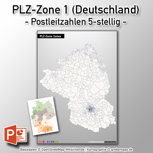 Deutschland PowerPoint-Karte PLZ-Zone 1 (Postleitzahlen 5-stellig), Karte PLZ-Zone 1 Deutschland, Postleitzahlen Zone 1 Karte Deutschland