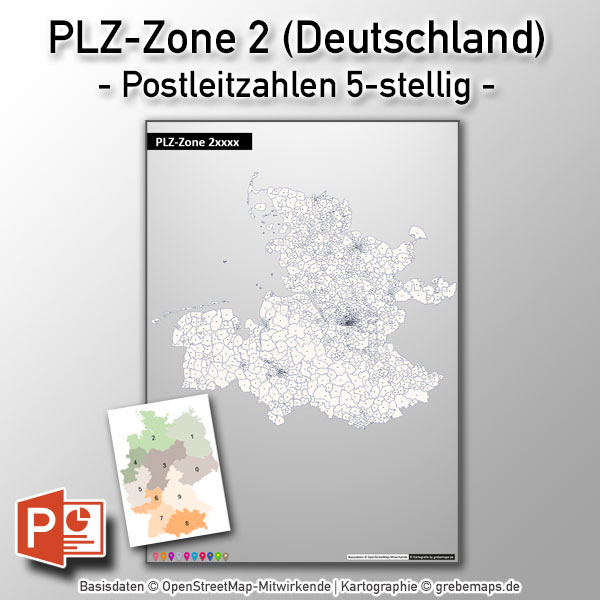 PowerPoint-Karte Deutschland PLZ-Zone 2 (Postleitzahlen 5-stellig) mit Hamburg