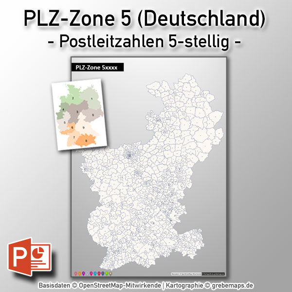 Deutschland PowerPoint-Karte PLZ-Zone 5 (Postleitzahlen 5-stellig) mit Köln/Bonn, Karte PLZ-Zone 5 Deutschland, Deutschland Karte Postleitzahlenzone 5 mit Köln Bonn