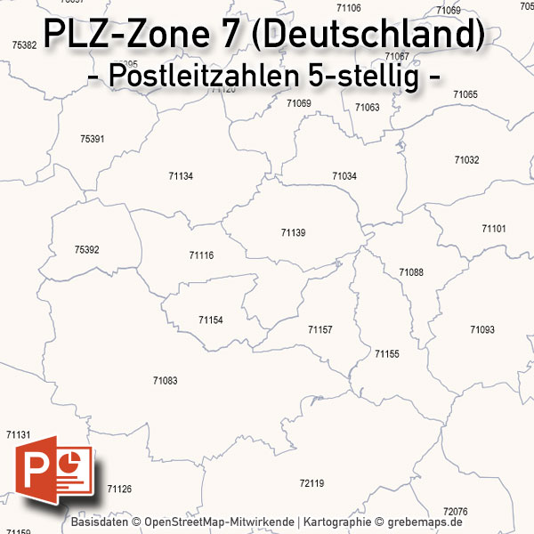 Deutschland PowerPoint-Karte PLZ-Zone 7 (Postleitzahlen 5-stellig), Karte PLZ-Zone 7 Deutschland, Deutschland Karte Postleitzahlenzone 7