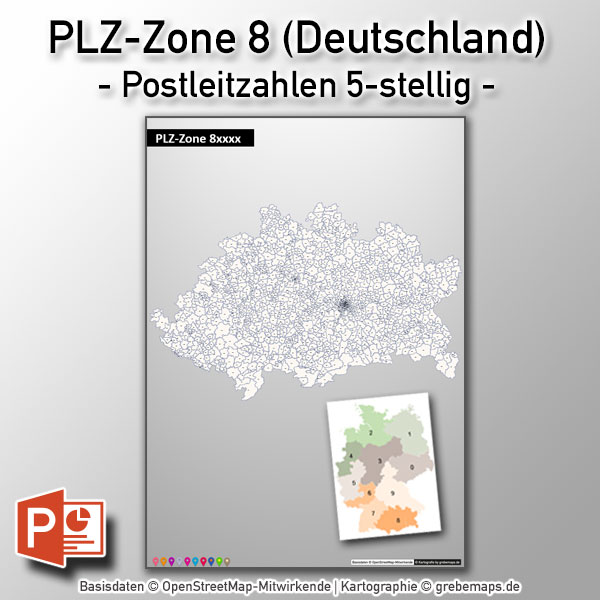 Deutschland PowerPoint-Karte PLZ-Zone 8 (Postleitzahlen 5-stellig) mit München, Karte PLZ-Zone 8 Deutschland, Deutschland Karte Postleitzahlenzone 8 mit München
