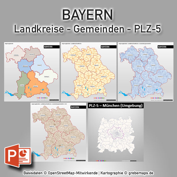 PowerPoint-Karte Bayern Landkreise Gemeinden Postleitzahlen PLZ-5