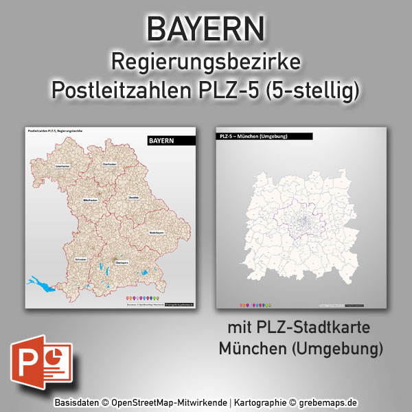 Bayern PowerPoint-Karte Postleitzahlen PLZ-5 (5-stellig) mit München, Karte Postleitzahlen Bayern, PLZ-Karte Bayern, Postleitzahlenkarte Bayern