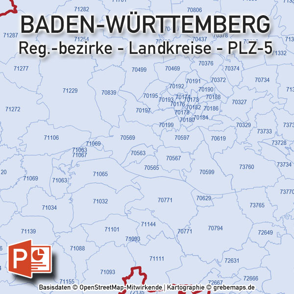 Baden-Württemberg PowerPoint-Karte Landkreise Postleitzahlen PLZ-5 (5-stellig), Karte PLZ 5-stellig Baden-Württemberg für PowerPoint, PLZ-Karte BW, Karte PLZ BW, Baden-Württemberg Postleitzahlen 5-stellig Karte, Karte Landkreise Stadtkreise Baden-Württemberg