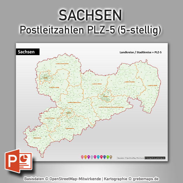 PowerPoint-Karte Sachsen Postleitzahlen PLZ-5 (5-stellig) mit Landkreisen
