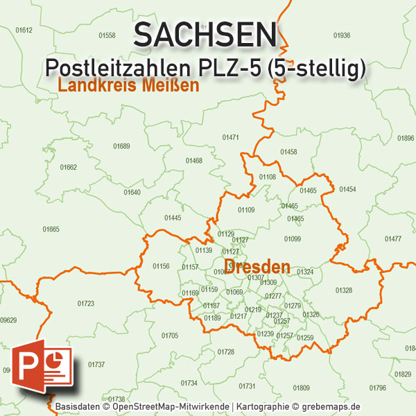 Sachsen PowerPoint-Karte Postleitzahlen PLZ-5 (5-stellig) Landkreise / Stadtkreise, Karte Sachsen Landkreise, Karte Sachsen Postleitzahlen