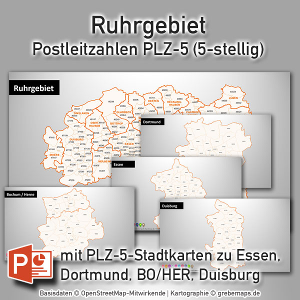 PowerPoint-Karte Ruhrgebiet Postleitzahlen PLZ-5 (PLZ 5-stellig)