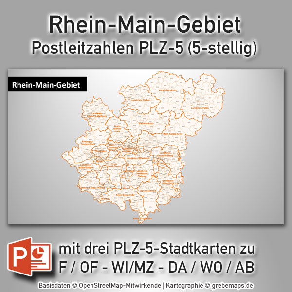 Rhein-Main-Gebiet Postleitzahlen PLZ-5 PowerPoint-Karte (PLZ 5-stellig), PLZ-Karte Metropolregion Frankfurt Rhein-Main, Postleitzahlenkarte Frankfurt Region, Karte Postleitzahlen Frankfurt Region, Rhein-Main-Region, Rhein-Main-Gebiet