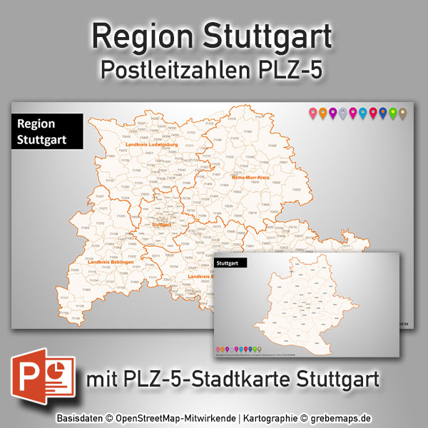 PowerPoint-Karte Region Stuttgart Postleitzahlen PLZ-5 (PLZ 5-stellig)