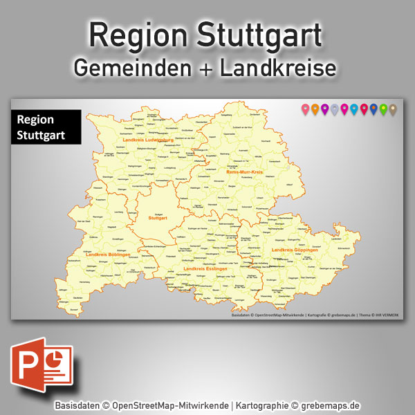 Region Stuttgart Gemeinden Landkreise PowerPoint-Karte, Karte Region Stuttgart Gemeinden