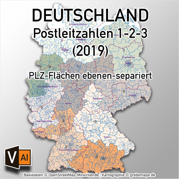Deutschland Postleitzahlenkarte PLZ-1-2-3 ebenen-separiert mit Landkreisen Orten Bundesländern Vektorkarte (2019)